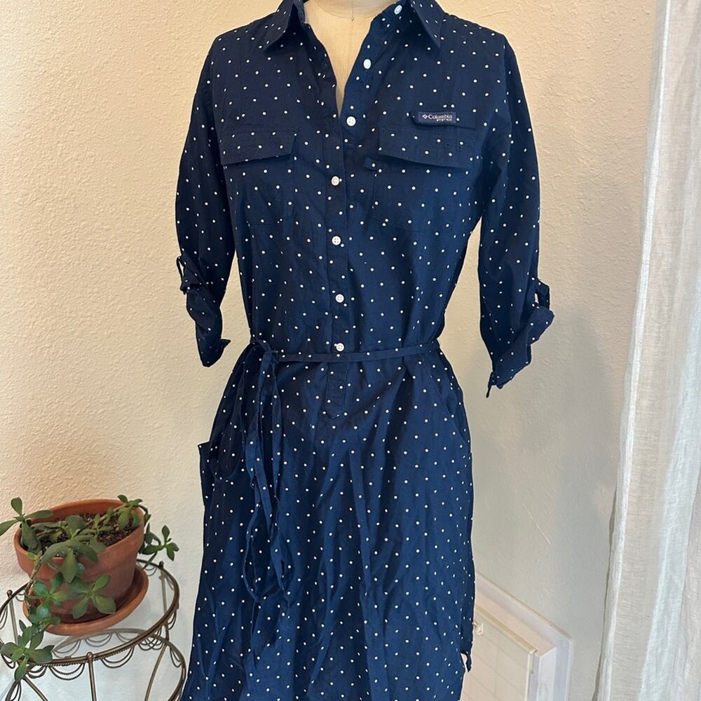 Columbia Women’s Small Dress Navy Long Sleeve White Polka Dots